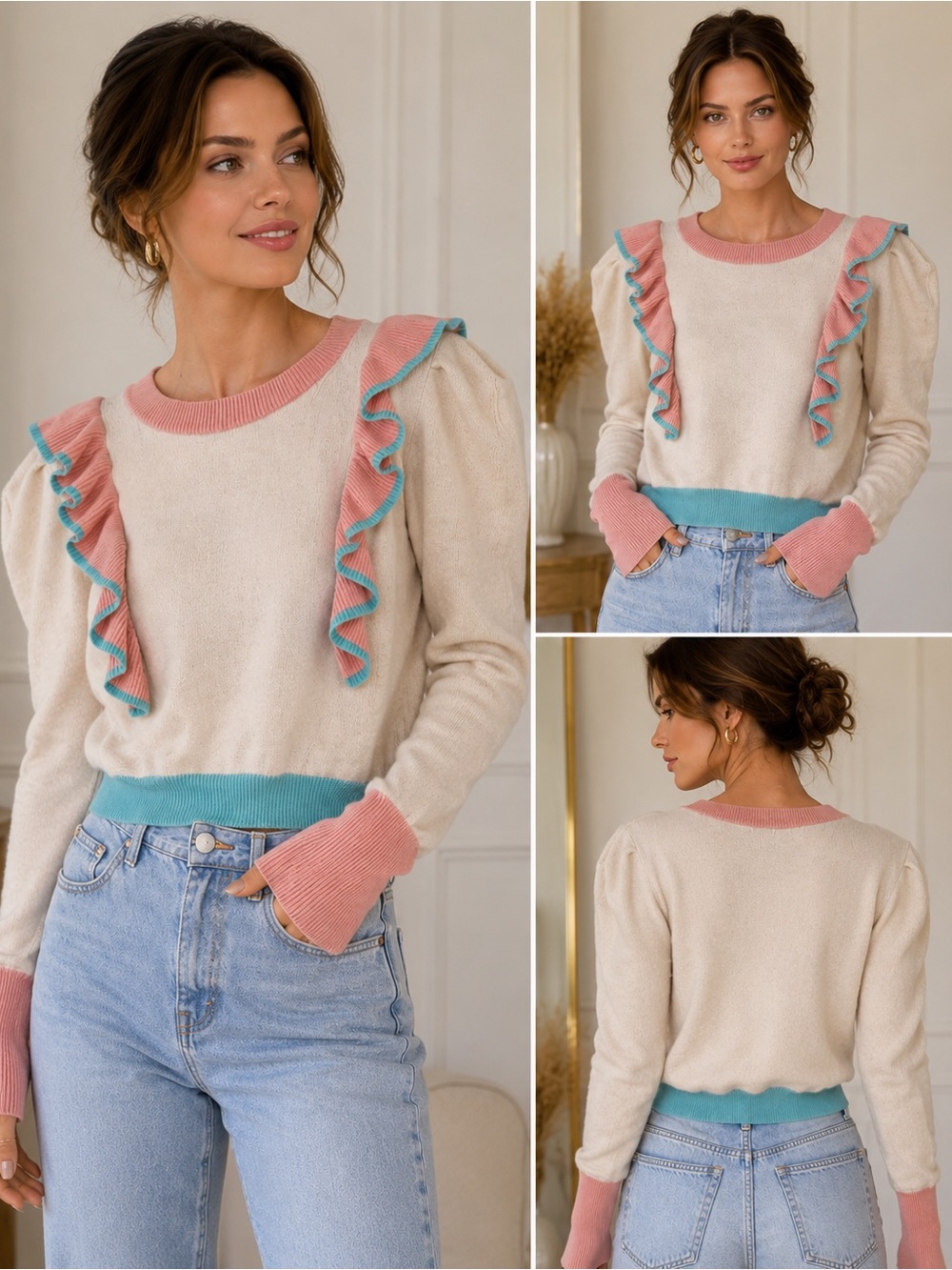 LoveShackFancy Greece Ruffle Sweater Cream Pink Turquoise Sz S 90%Wool Cashmere